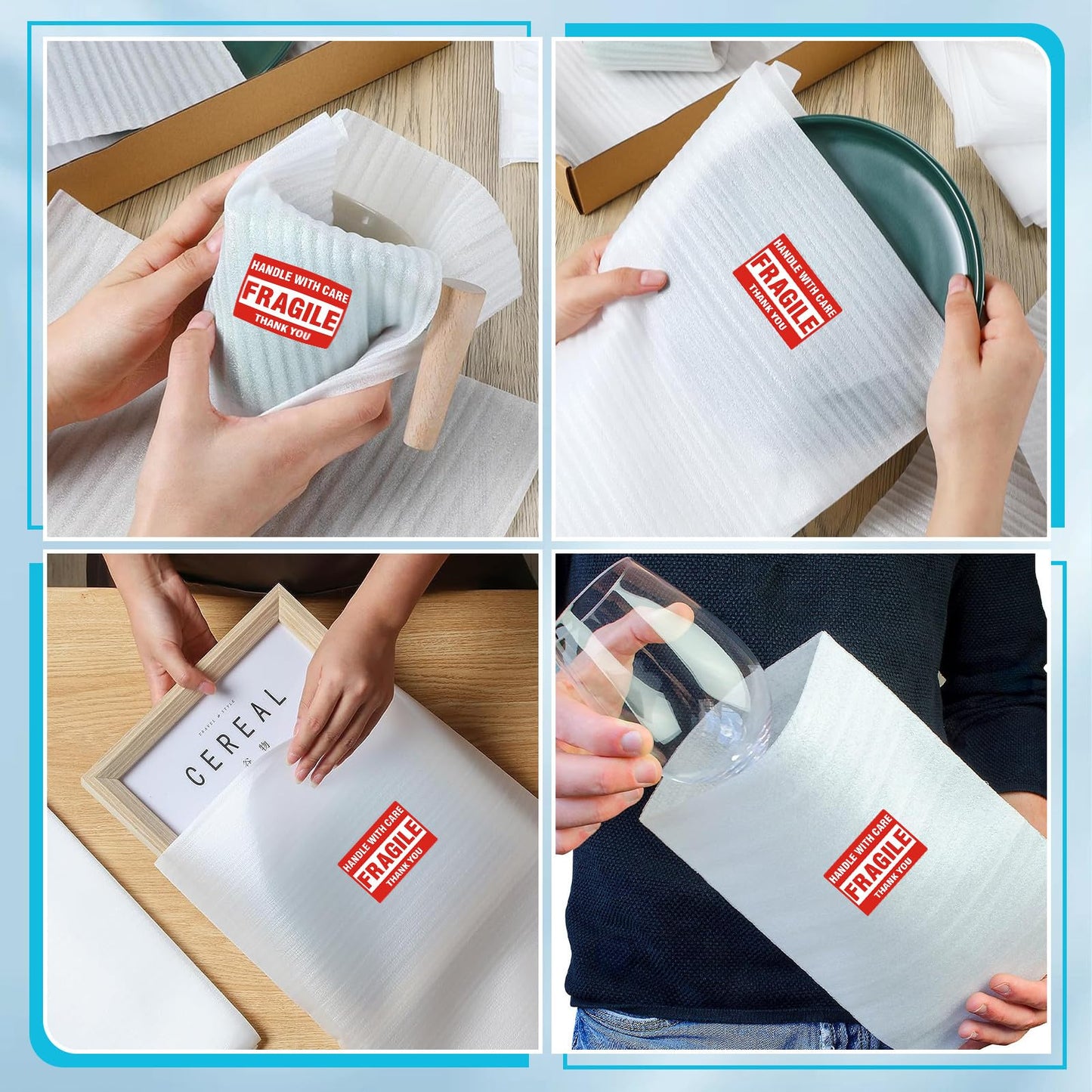200 Pack Foam Pouches,4 Sizes Cushion Foam Pouch for Moving, Packing, Transportation and Storage, Moving Supplies Incidental Fragile Stickers(14x14 Inch, 12x12 Inch, 12x7.5 Inch, 7.5x7.5 Inch)