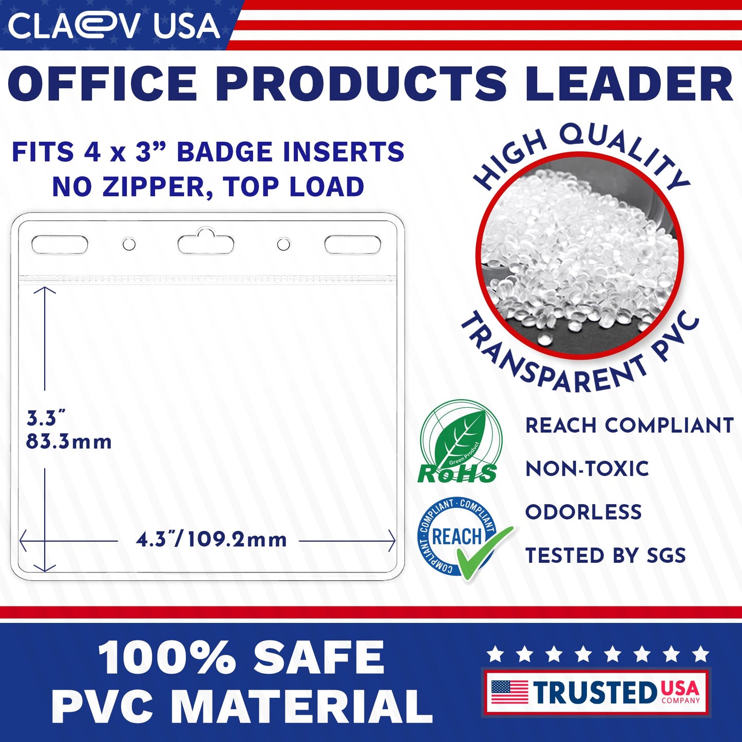 Claev - Horizontal Flexible and Tear Resistant Card Protector - Clear, 4x3 Inch, 250 Pack - Large Easy Open Plastic ID Name Badge Holders for Conferences, Conventions, Offices & Schools
