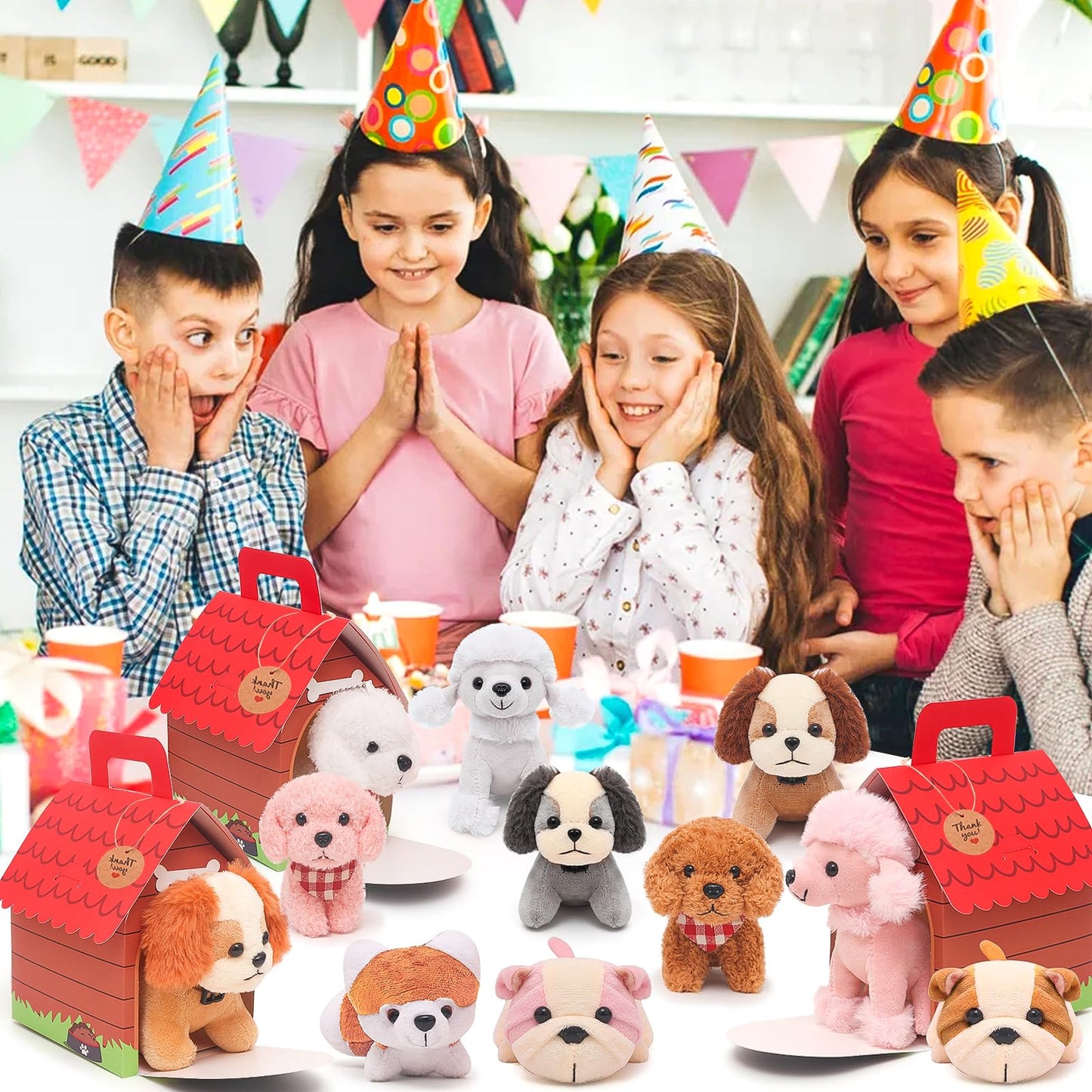 HAPGFS 12 Pcs Mini Plush Puppy Set, Dog Party Favors with Keychain Gift Toys with Carton Dog House, Kids Baby Show Birthday Christmas Party