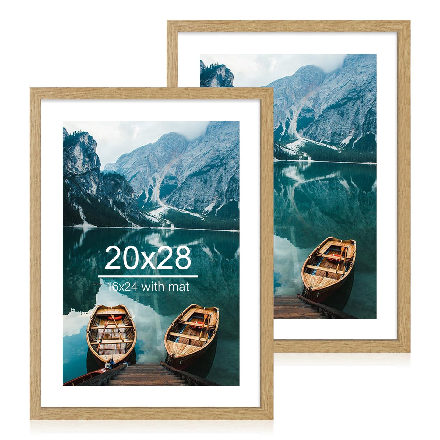 Hongkee 20x28 Picture Frame Set of 2, Natural Oak Wood Style - Display 16x24 Picture with Mat or 20 x 28 Poster without Mat, Wall Mounting Horizontal and Vertical