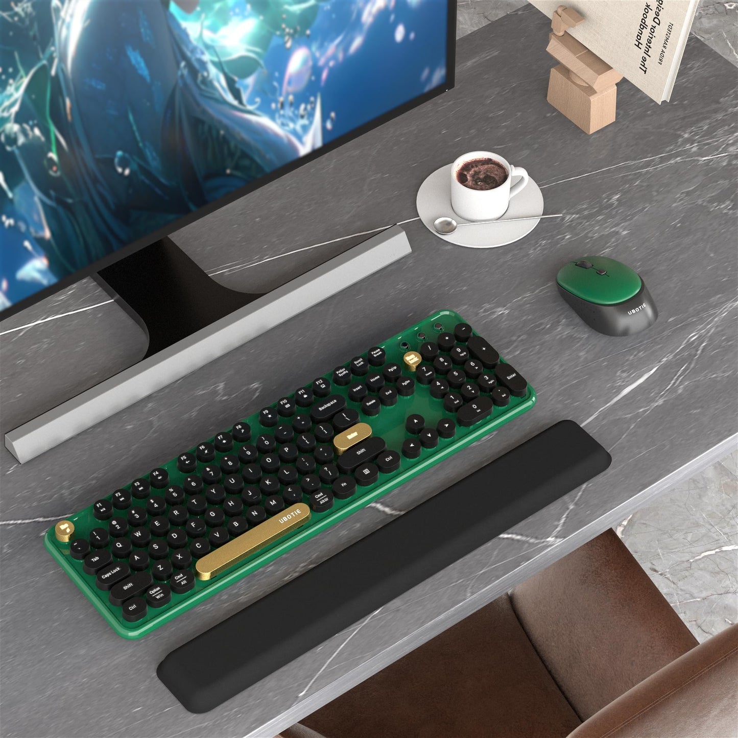 Colorful Wireless Computer Keyboards Mouse Combos, UBOTIE Polychrome Round Keycaps Retro PC Keyboards 2.4GHz Radio Frequency Connection with Optical Mouse(Green-Black)