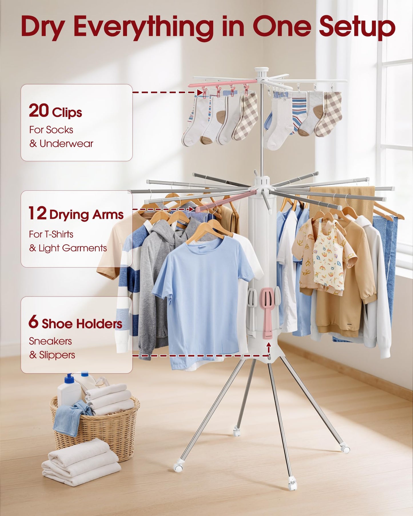 Sakugi Foldable Clothes Drying Rack – Collapsible Laundry Rack with 12 Steel Arms, 4-Leg Stable Base, Reinforced Frame with Clips & Shoe Holders for Indoor Outdoor Use, 44" D x 44" W x 71" H, White