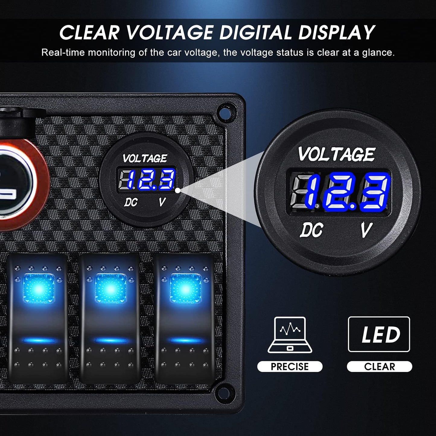 MKING Marine Switch Panel, 8 Gang Waterproof Rocker Switch Panel,Boat Rocker Switches Waterproof with Circuit Breaker USB&Typ-c Charger Digital Voltmeter Cigarette Socket 12V Blue LED Switch Panel