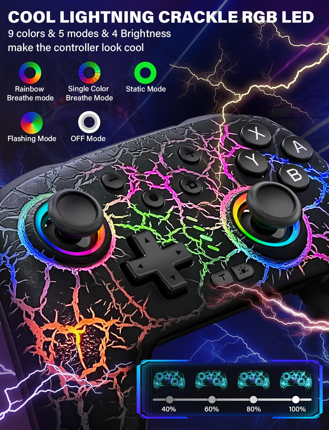 ZRZLMVP Switch Pro Controller Wireless Control - Compatible with Nitendo Switch/OLED/Lite, 1000mAh Rechargeable Switch Controllers with 9 Colors LED, Wake Up, Turbo, Vibration