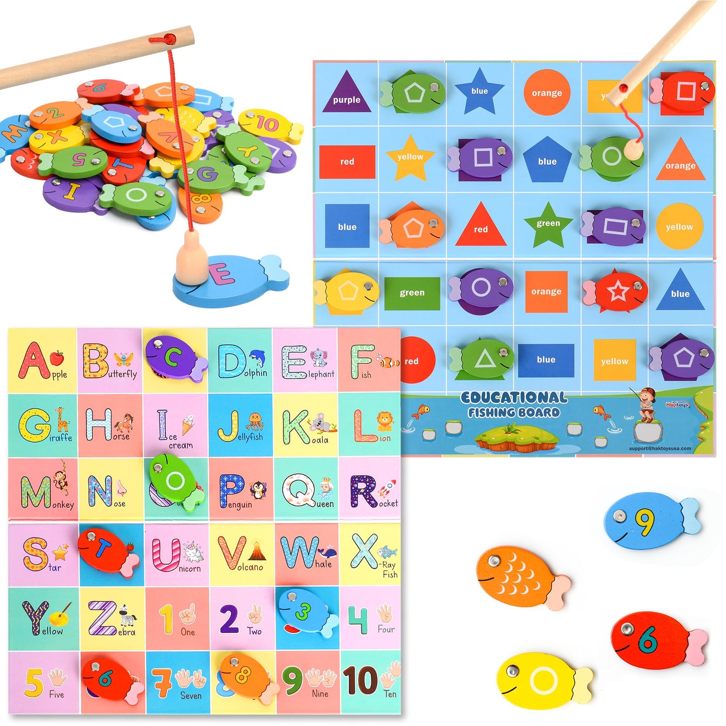 Magnetic Wooden Fishing Game – Interactive ABC Alphabet, Numbers, Shapes & Colors 4-in-1 Learning Board | Montessori Educational Toy for Kids | Complete Set with 36 Fish, 2 Poles & Wooden Board