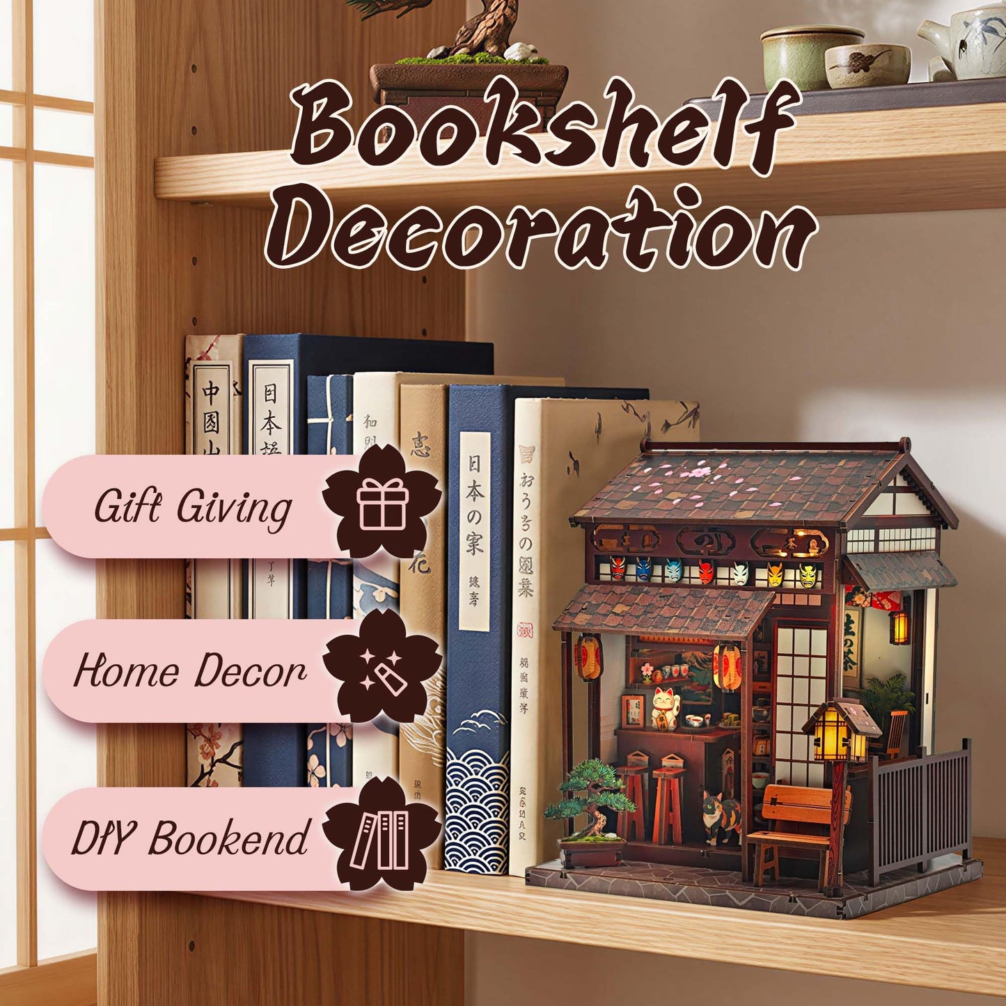 Lynnuo DIY Book Nook Kit, Sakura Tea Pavilion 3D Wooden Puzzle with LED Light, Japanese Miniature House Kit for Adults & Beginners, Bookshelf Insert Decor Creative Gifts (220 PCS, 3-Hour Build)