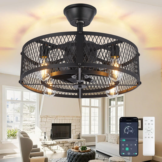DLLT Caged Ceiling Fan with Light: 20" Farmhouse Fandelier with Lights and Remote & APP - Black Rustic Semi Flush Mount Bladeless Ceiling Fans Enclosed Fan for Bedroon Kitchen Living Dining Room