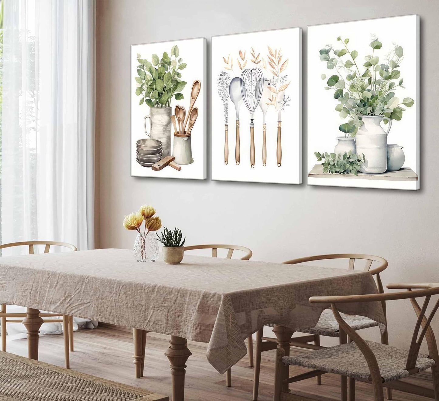 3 Pcs Sage Green Farmhouse Kitchen Canvas Wall Art Minimalist Dining Room Eucalyptus leaves plant Painting Pictures Wall Decor Poster Print Artwork For Dining Room kitchen Home Decoration
