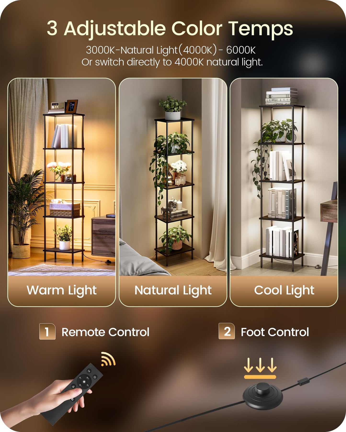 Display Shelf with Light, 5-Tier Shelf Lamp, Corner Floor Lamp with Shelves, Dimmable LED Floor Lamp for Living Room with Remote and Foot Control, 3CCT, Timer, Standing Lamp, Corner Bookshelf B52LD05