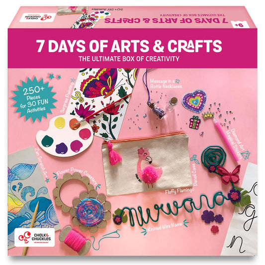 Chalk and Chuckles 7 Days of Art and Craft Kit for Kids 9-12, 30 DIY Activities-Diamond Art Stickers, Painting, Scratch Art and More, Perfect Gifts for Girls, Boys 8 Years and Up