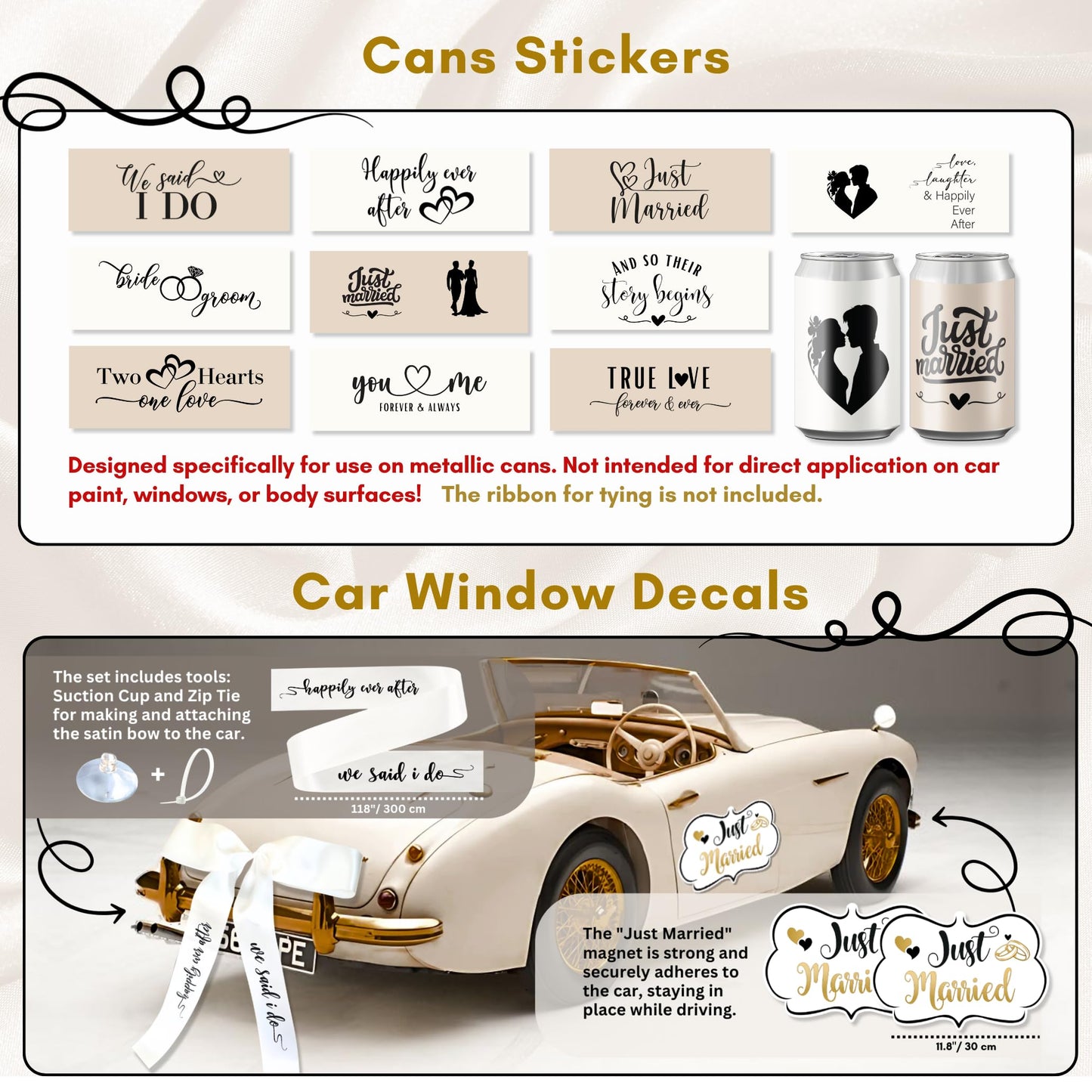33 Pc Just Married Car Decorations – Wedding Reception & Ceremony Decor – Banners, Stickers & Balloons – Elegant Reusable Wedding Car Kit – Weather-Resistant & Easy to Apply – No Residue