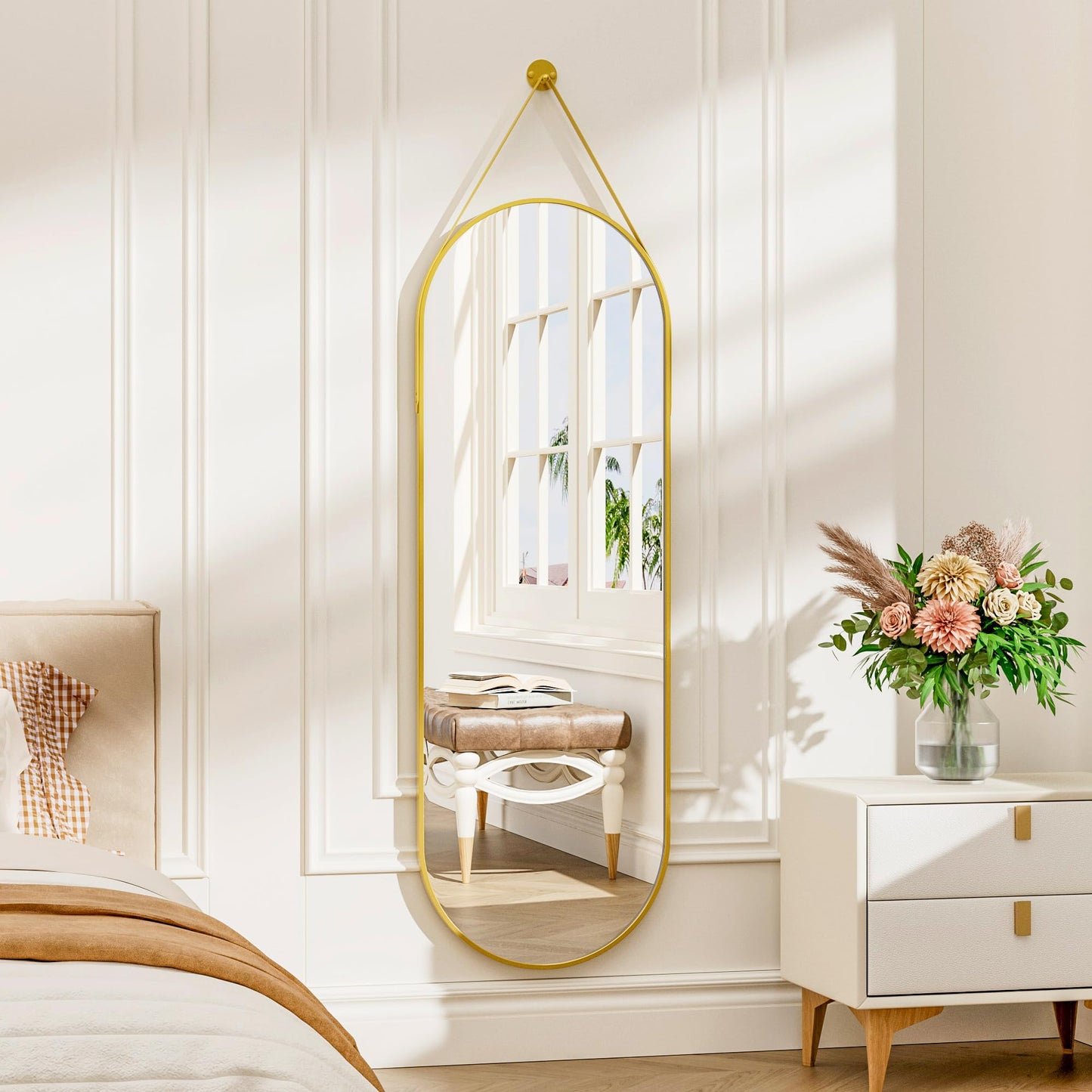 TinyTimes 48"x16" Hanging Mirror with Leather Strap,Oval Full Length Mirror with Aluminum Frame Wall-Mounted Hanging Mirrors for Bathroom Vanity Living Room Bedroom Entryway Decor, Gold