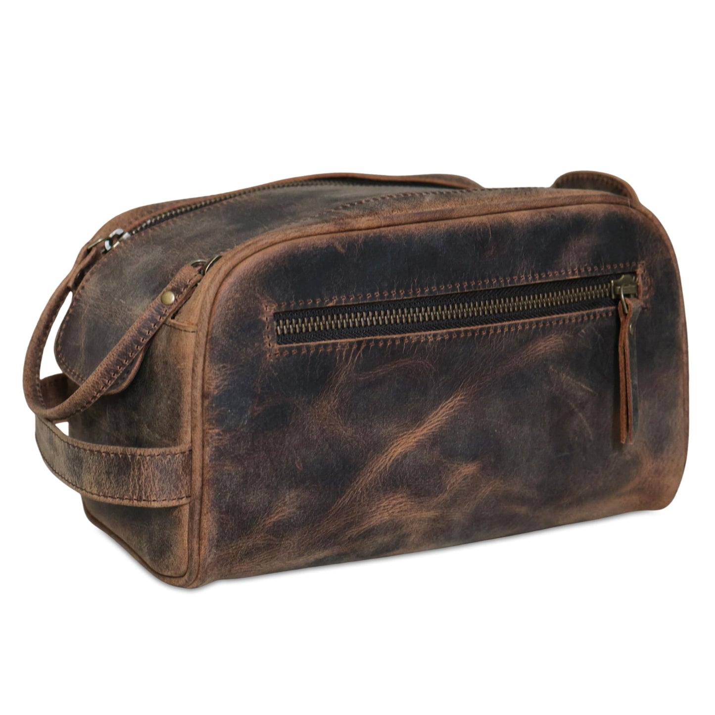 Premium Buffalo Leather Dopp Kit Toiletry Bag – Rustic Vintage Style Travel Organizer with Zipper Closure – Leather Shaving Bag for Men & Women and Spacious with Easy Carry Handle