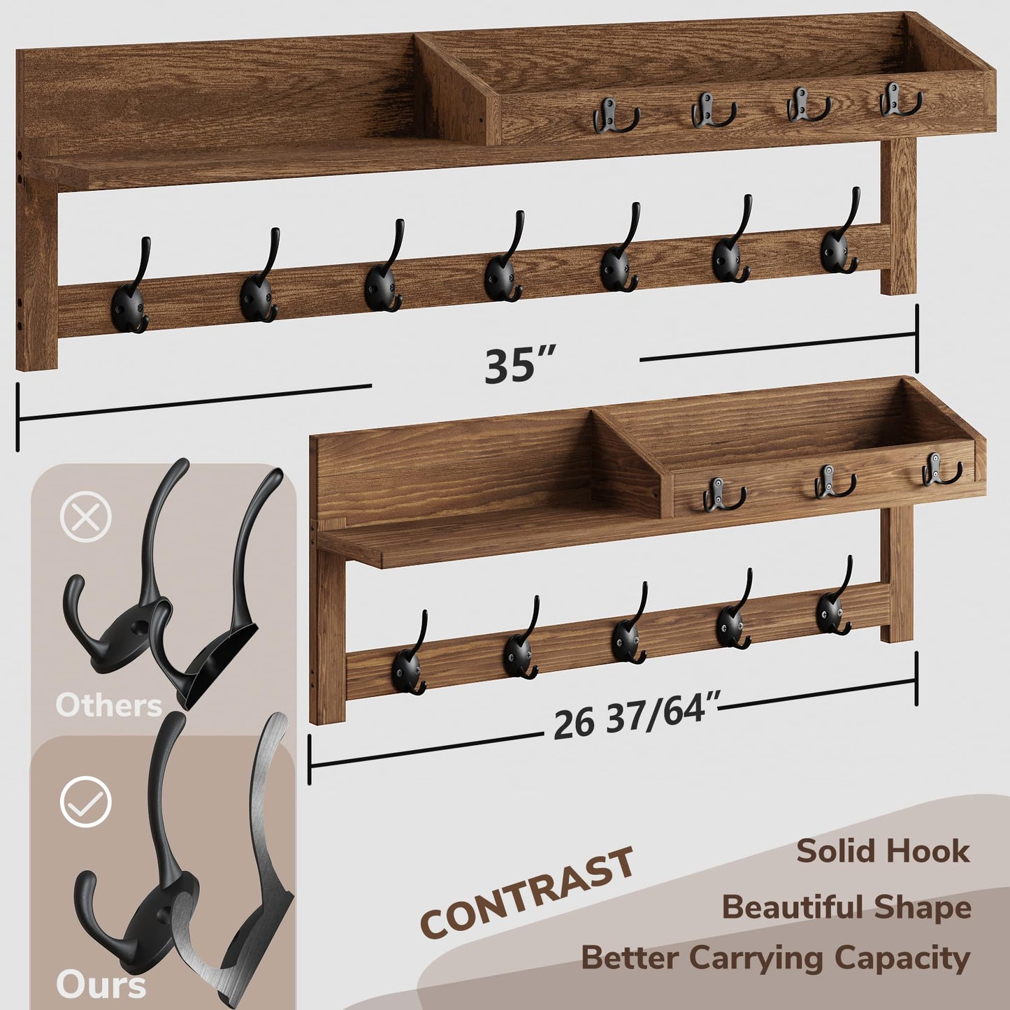 AMBIRD Coat Rack Wall Mount, 35 inch Large Wall Hooks with Shelf, Entryway Shelf with 7 Dual Coat Hooks 4 Key Hooks Mail Organizer, Wooden Coat Hanger and Key Holder Wall Mount