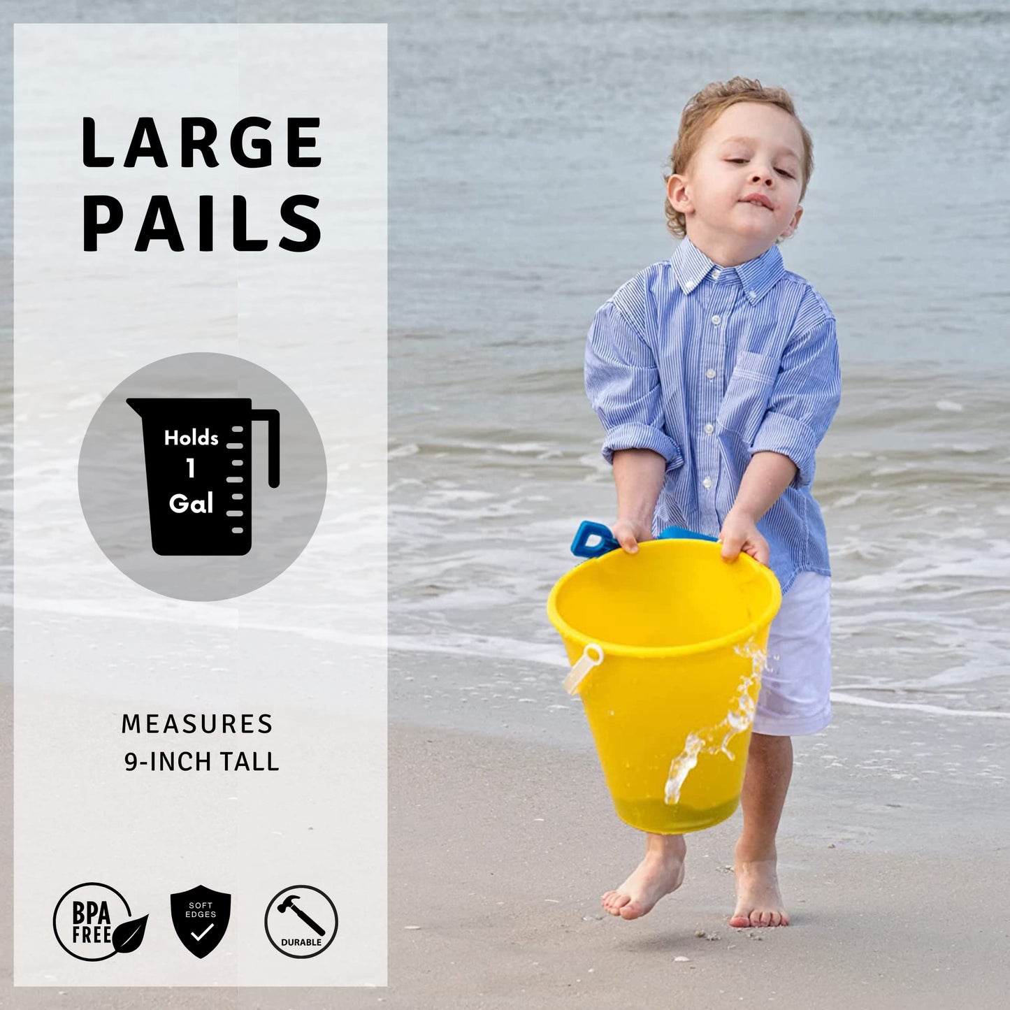 4E's Novelty 9" Large Sand Bucket with Shovel [12 Pack Bulk] Beach Buckets - Beach Toys for Kids & Toddlers, Party Favors Holders