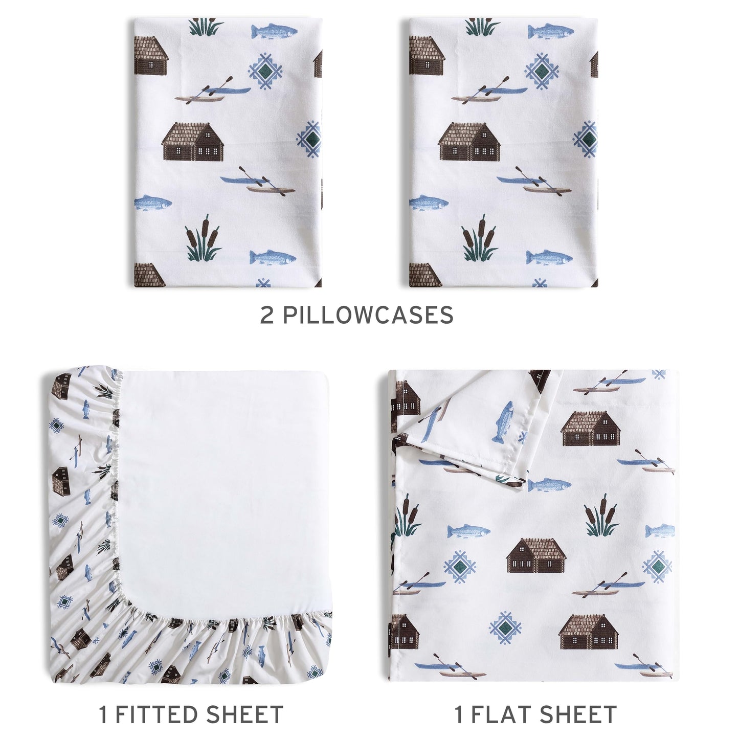 Beatrice Home Fashions Cozy Cabin 4-Piece Full Microfiber Bedding Sheet Set with Deep Pockets Rustic Patchwork Plaid Deer, Lake Day