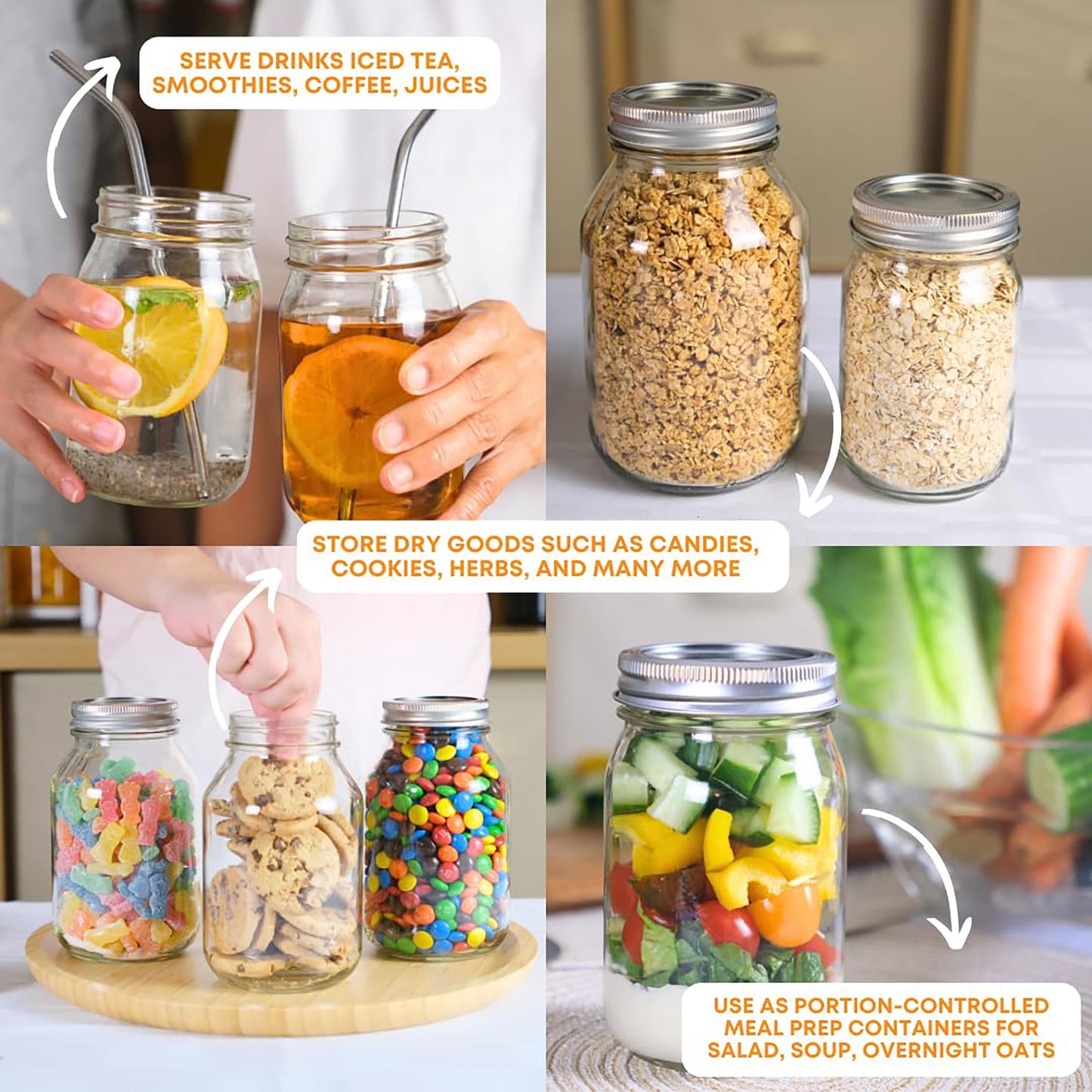 FastRack 32 oz Regular Mouth Mason Jars with Lids – Pack of 12 Quart Canning Jars for Food Storage, Pickling, Fermentation, Crafts – Reusable Airtight Large Glass Mason Jar with 1 Black Cap Gripper