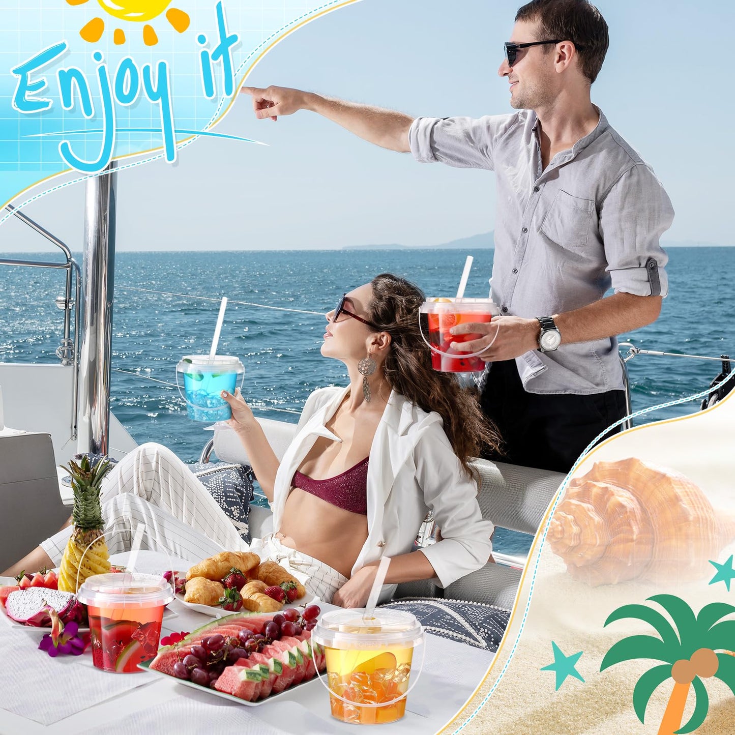 Funnymoom 50 Set 24oz Clear Plastic Drink Buckets with Lids and Straws Disposable Iced Coffee Cups Rum Buckets for Cocktail Parties Smoothie Cup Bulk with Handles for Beach Pool Party Supplies