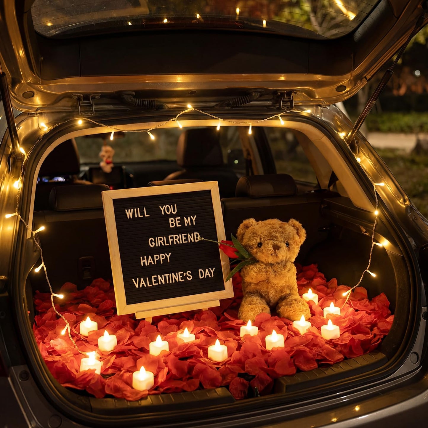 Ceenna Will You Be My Girlfriend Romantic Sign with LED Candles and Artificial Rose Petals, Bear Stuffed Animal Gift with Rose DIY Felt Letter Board Sign for Surprise(Red)