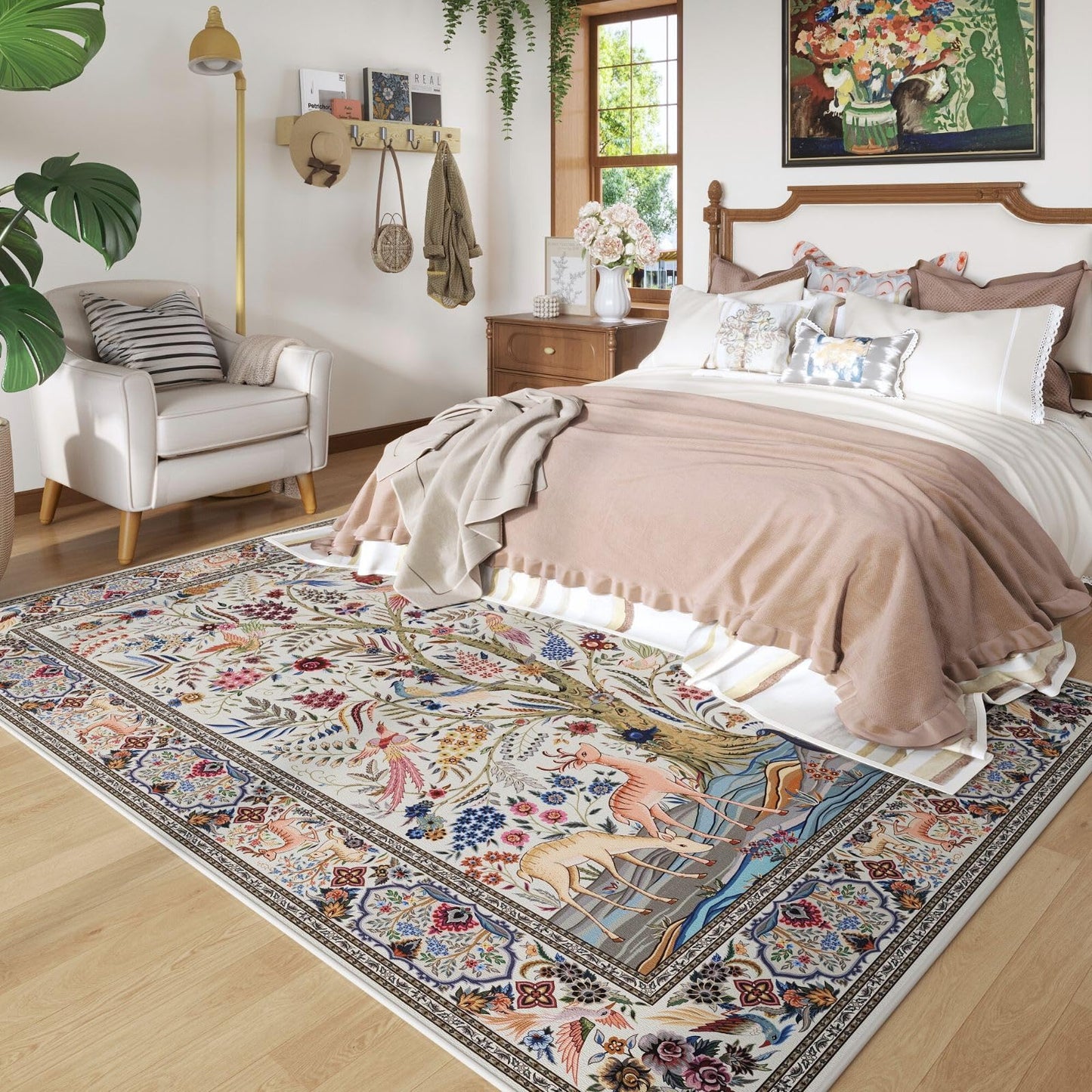 Rugcomf Area Rugs 5x7 Vibrant Tree of Life-Patterned Vintage Washable Area Rug Non Slip Low Pile Large Rugs for Living Room Bedroom Farmhouse Dining Room Kids Playroom, Beige