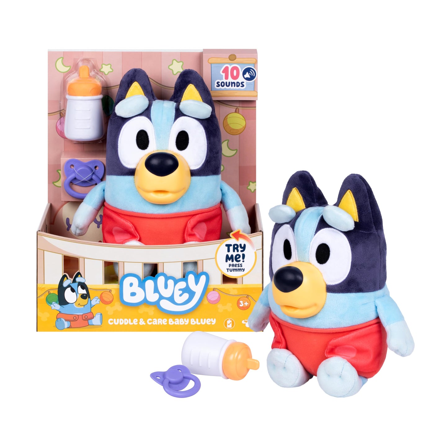 Bluey Baby Pampering & Caring, Feeding & Soothing Baby, 28cm Electronic Plush Toy with 10 Different Baby Sounds, 2 Accessories and Removable Diaper
