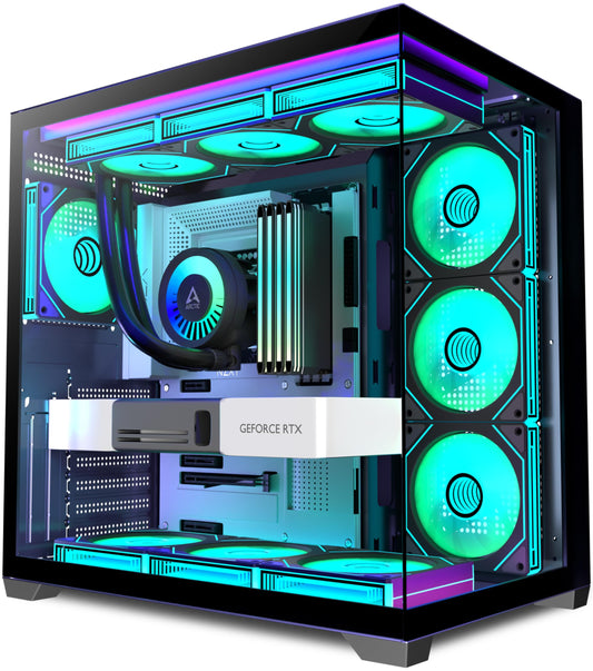 ANSAITE PC CASE 9 PWM ARGB Fans Pre-Installed, Mid-Tower Gaming PC Case, Panoramic Tempered Glass Computer Case with Type-C,360mm Radiator Support，Black,H09