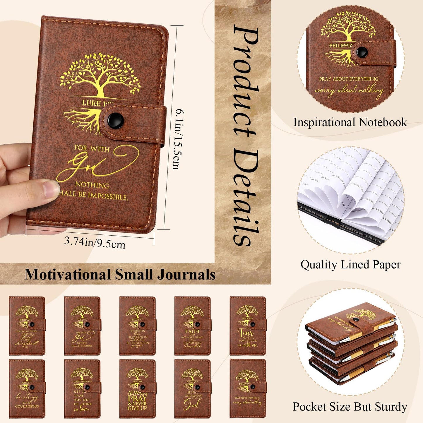 Spakon 60 Pcs Father's Day Christian Gifts Bulk Leather Prayer Journal Religious Scripture Notebook with Bible Verse Pens for Graduation Coworker Women Men Church Members (English Tree of Life)