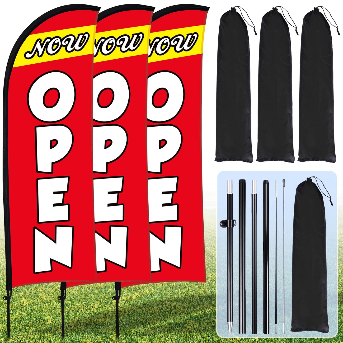 Buryeah 3 Sets Now Open Feather Flag Pole Kit for Business Advertising 7 ft Open Flag Banner Sign with Pole Kit Ground Stake and Portable Bag for Outside Ground (Red)