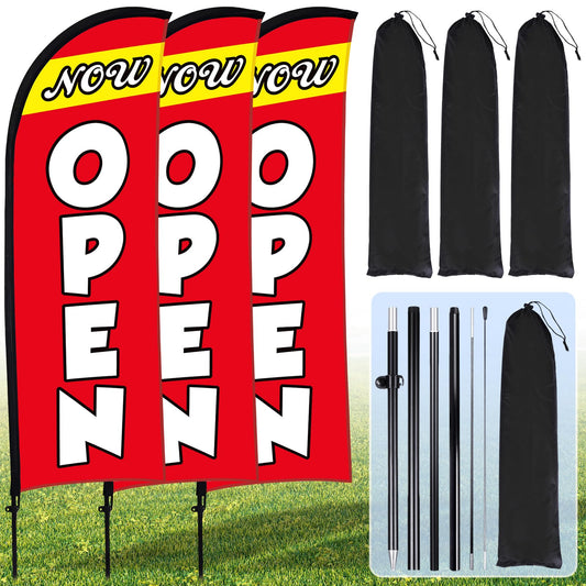 Buryeah 3 Sets Now Open Feather Flag Pole Kit for Business Advertising 7 ft Open Flag Banner Sign with Pole Kit Ground Stake and Portable Bag for Outside Ground (Red)