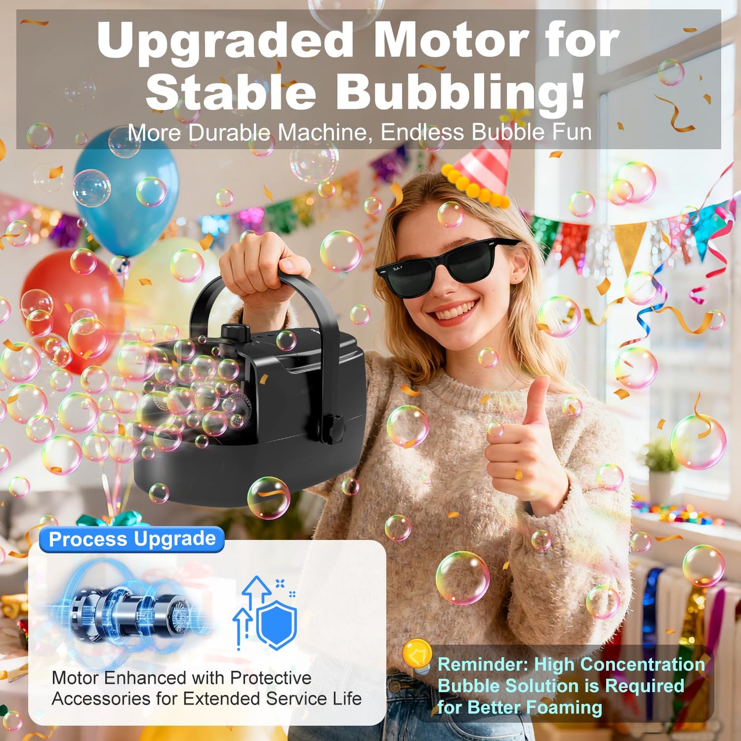 Bubble Machine Durable Automatic Bubble Blower, 18000+ Bubbles Per Minute Bubbles for Kids Toddlers Bubble Maker Operated by Plugin or Batteries Bubble Toys for Indoor Outdoor Birthday Party (Black)