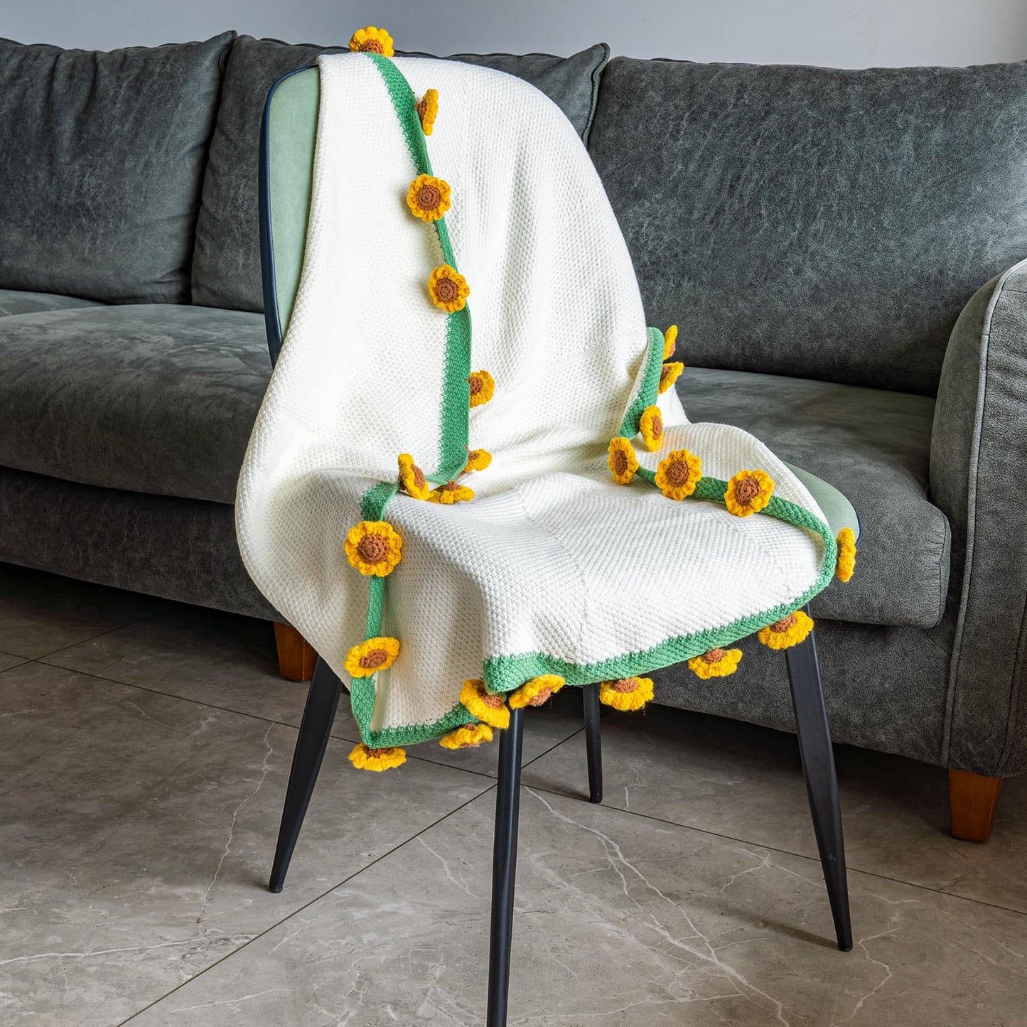 EIGHTOWN 43'' Crochet Sunflowers Rose Bouquet Blanket Finished - Handmade Knitted Throw Blanket - Home Décor Ideal Gift for Mom - Mother's Day Birthday Valentine's Day (Sunflower)