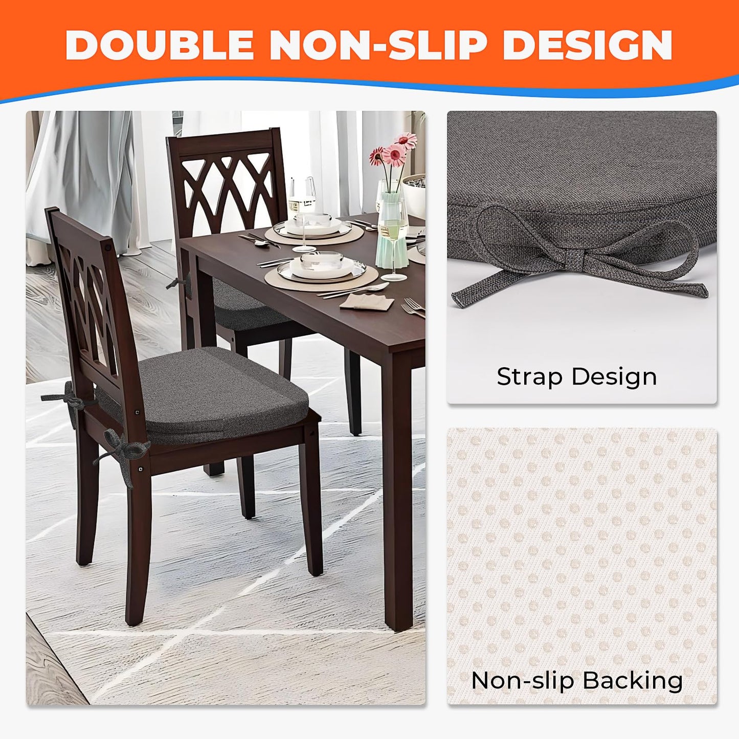 Sunsleek Chair Cushions for Dining Chairs, D-Shaped Seat Cushions with Removable Washable Cover and Ties, Chair Pads for Kitchen, Indoor Dining Room, Patio Chairs, 17'' x 16'', Set of 6, Dark Grey