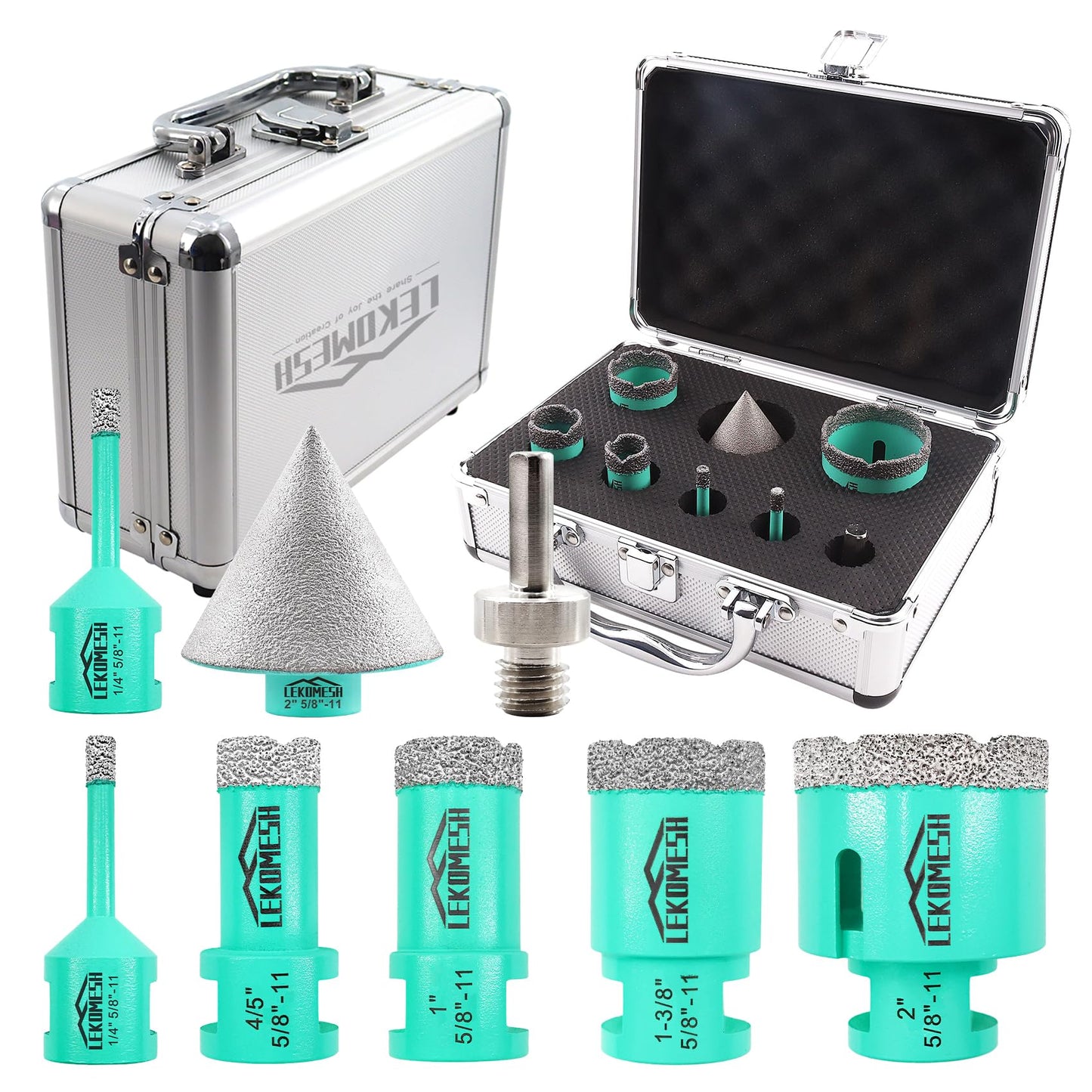 LEKOMESH Diamond Core Drill Bits Set 8pcs Tile Hole Saw Kit for Porcelain Tile Ceramic Marble Brick Concrete with 5/8-11 Thread(6/6/20/25/35/50mm+50mm Beveling Chamfer Bit+Triangle Shank Adapter)
