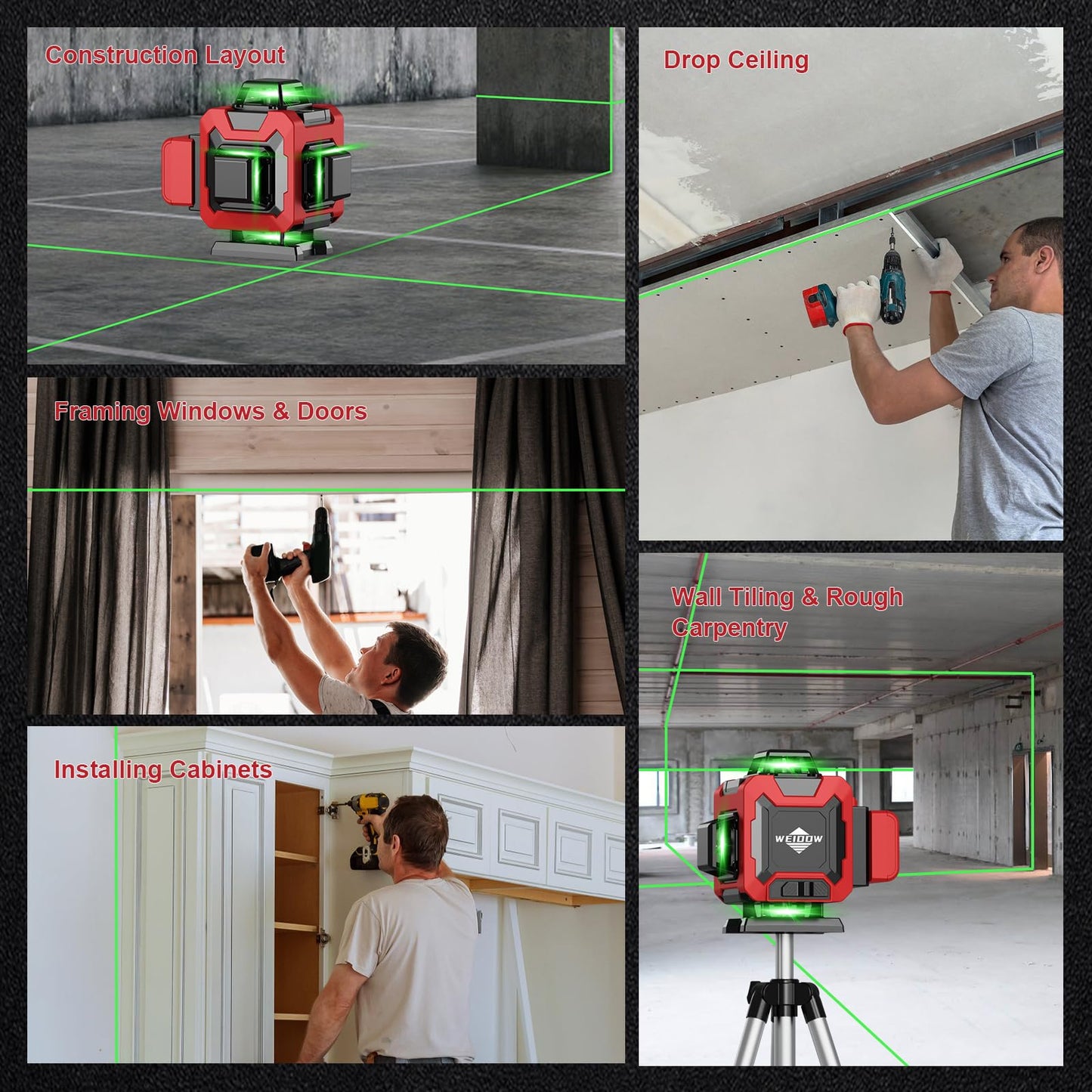 Laser Level 360 Self Leveling with Tripod,WEIDDW 4D Lazer Level,4x360° Cross Line Laser for Construction Project Renovation,Floor Tile, Laser Level Lines Tool with 4800mAh Batteries