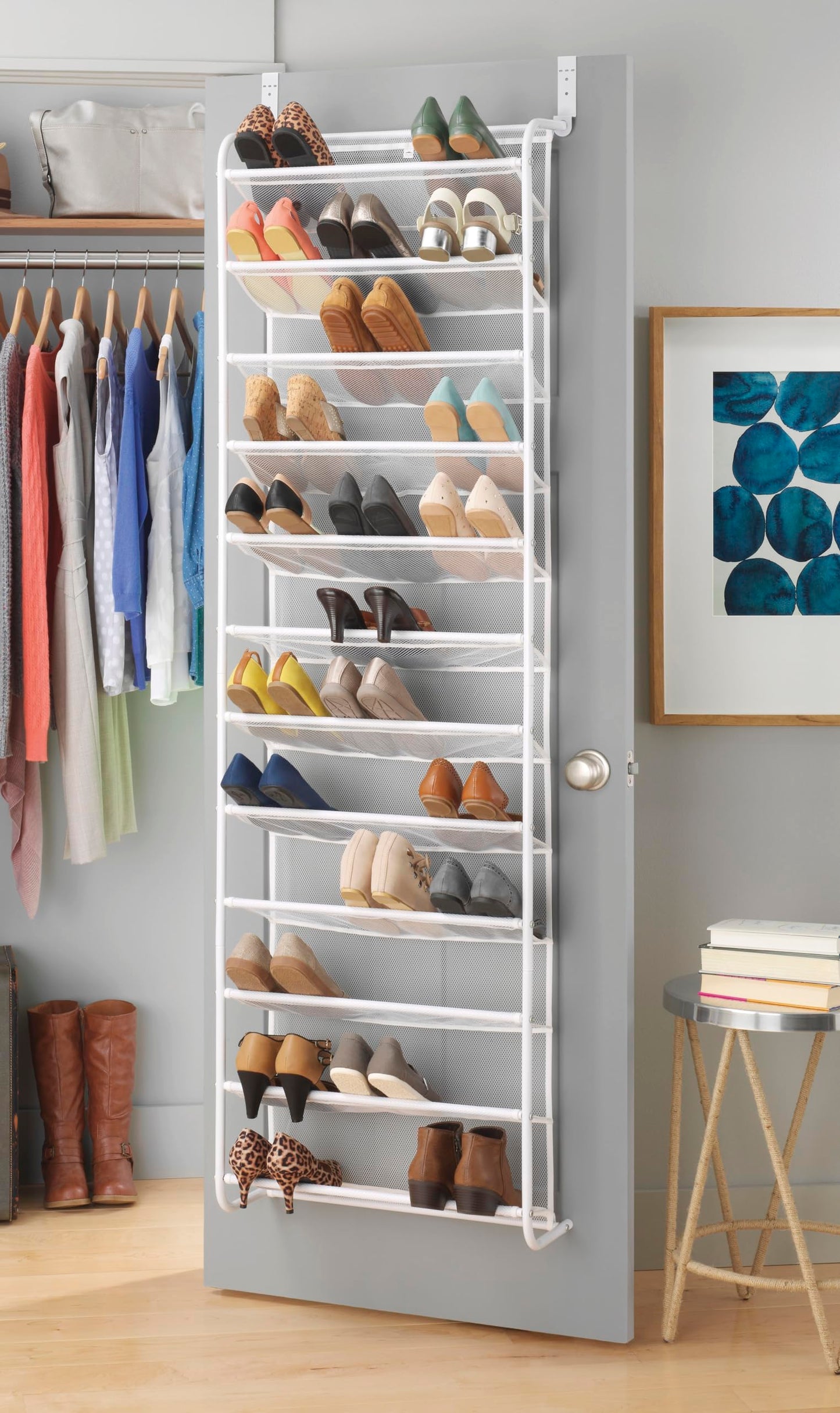 Whitmor 36 Pair Over the Door Shoe Rack, 12 Tier Hanging Shoe Organizer, Heavy Duty Metal & Mesh Shoe Holder, Hanging Shoe Rack for Closet Organizer & Storage, 74"L x 21.7"W x 7.5"H, White