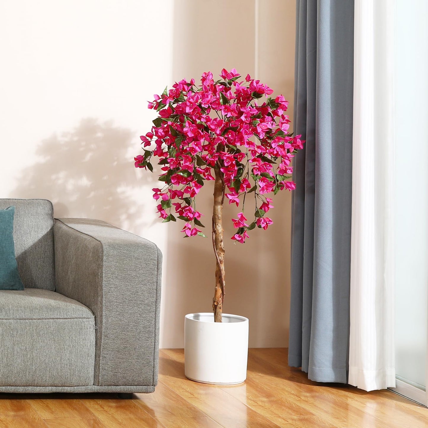Laiwot 4FT Artificial Tree Tall Potted Fake Bougainvillea Trees for Outdoor Indoor Office Wedding Home Decor Lifelike Faux Plants with Wood Trunk and Pink Flowers