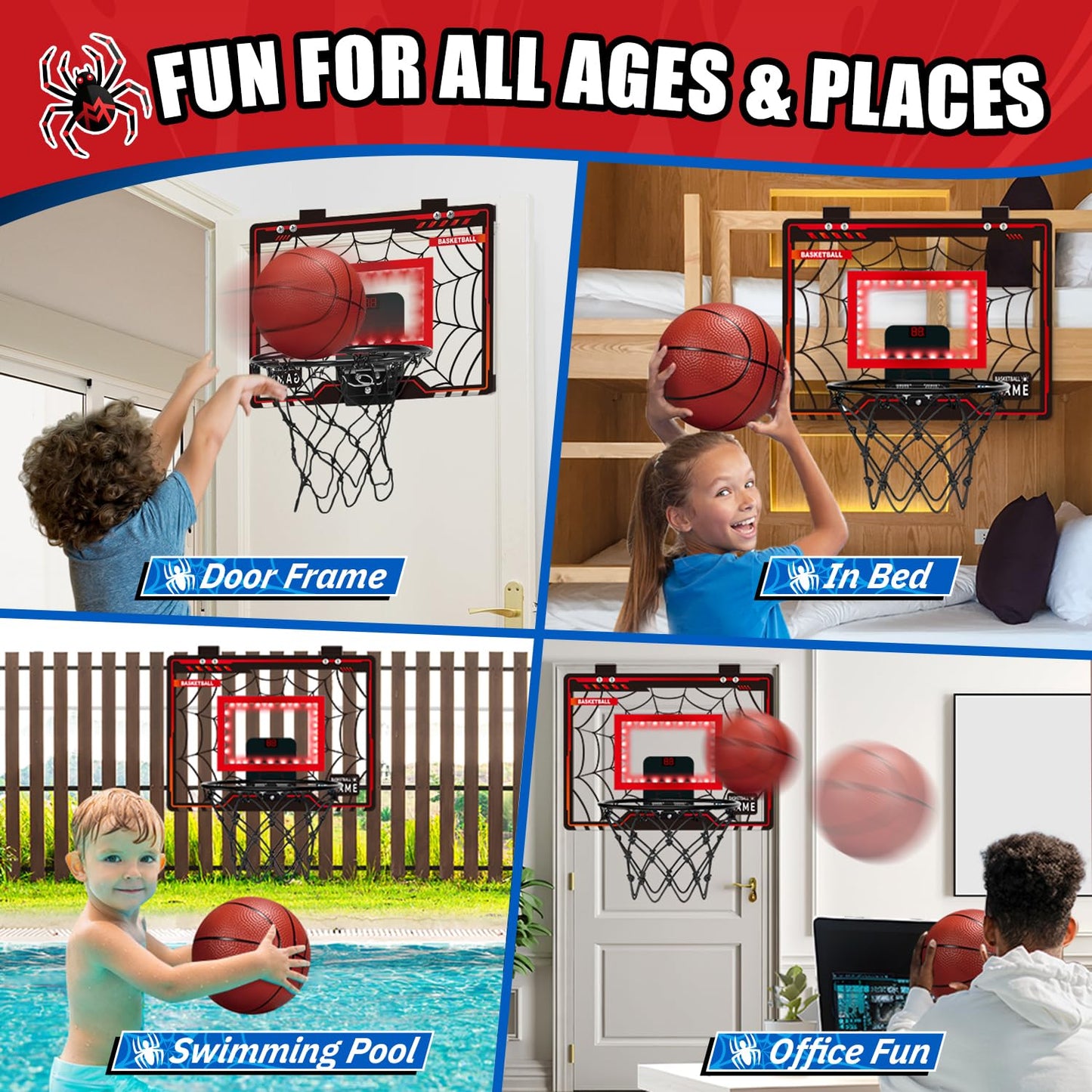 Basketball Hoop Indoor, Mini Basketball Hoop for Boys and Adults with Cool LED Lights Boys Gifts Basketball Toys Gifts Room Accessories for Teen Boy 8 9 10 11 12