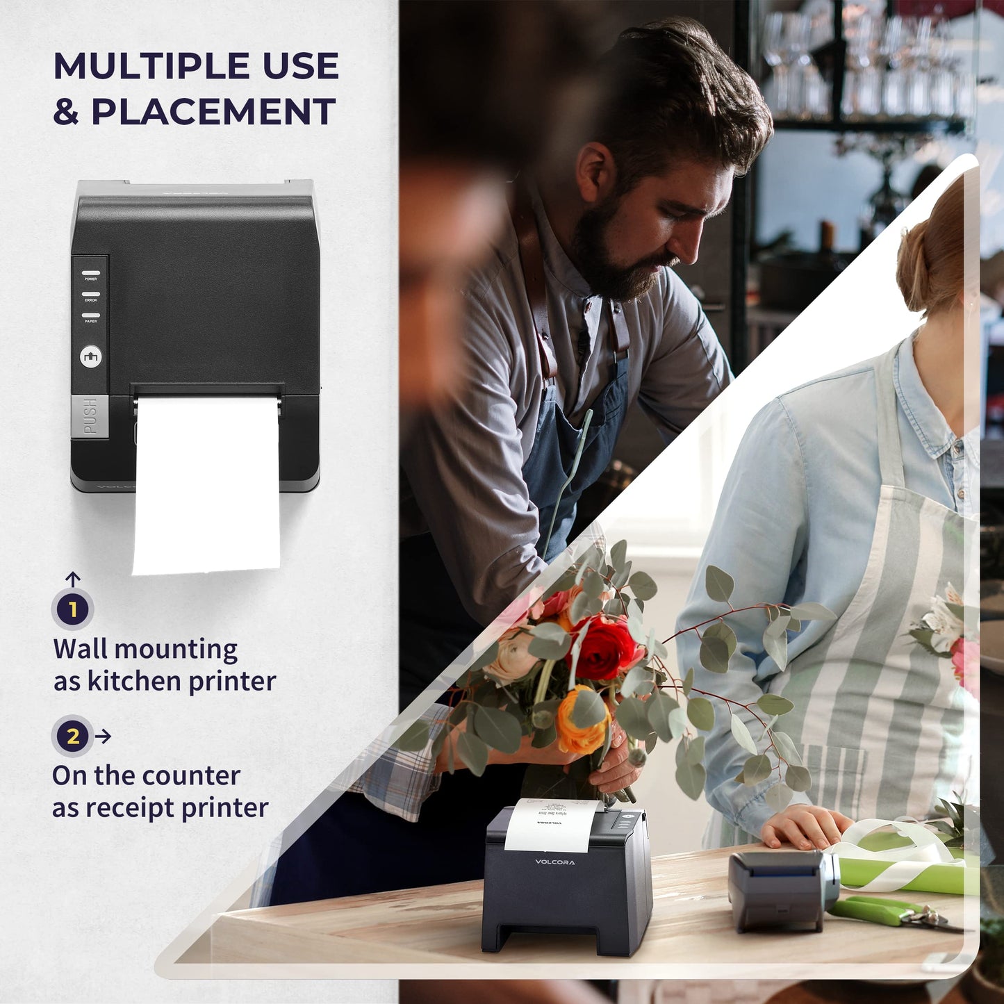 Volcora Thermal Receipt Printer, 80mm USB/Ethernet POS QR Code Printer with Auto Cutter for Cash Drawer/ESC/POS, Compatible with Android/Windows/Linux, Retailer, Restaurant Use, Wall Mount, Black