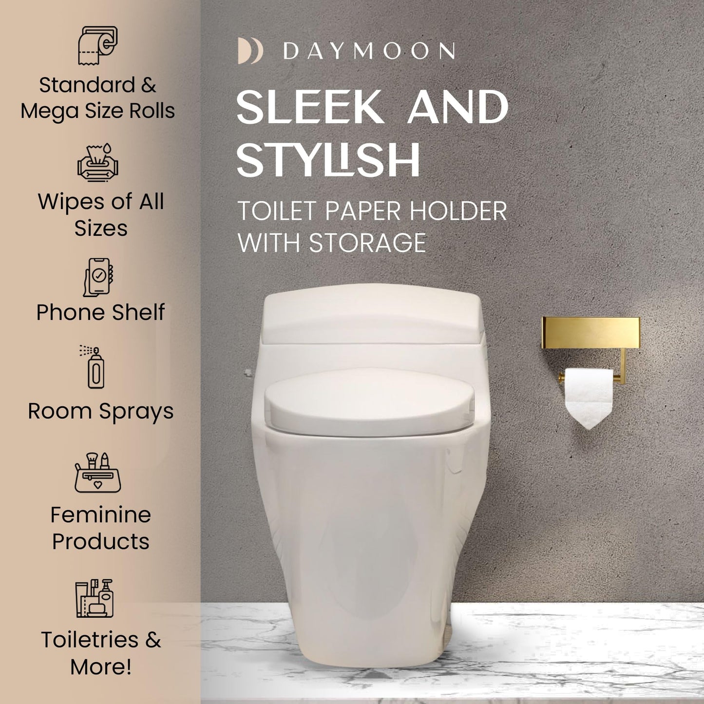 Day Moon™ Brushed Gold Toilet Paper Holder with Shelf, Wipe Holder for Bathroom Flushable Wipes Dispenser, Toilet Paper and Wipes Holder, Toilet Paper Holder with Storage