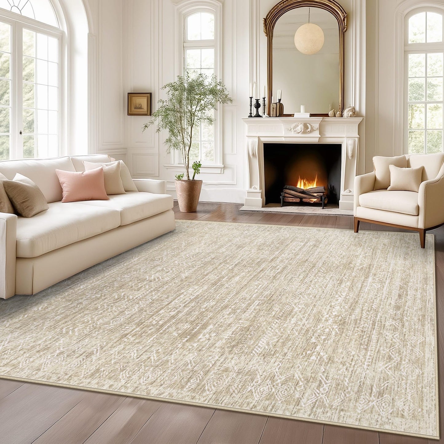 Washable Rug 6x9 Area Rugs: Modern Geometric Rugs for Living Room Non Slip Soft Low Pile Moroccan Indoor Carpet for Bedroom Nursery Dining Room Home Office Children's Room (Beige, 6'x9')