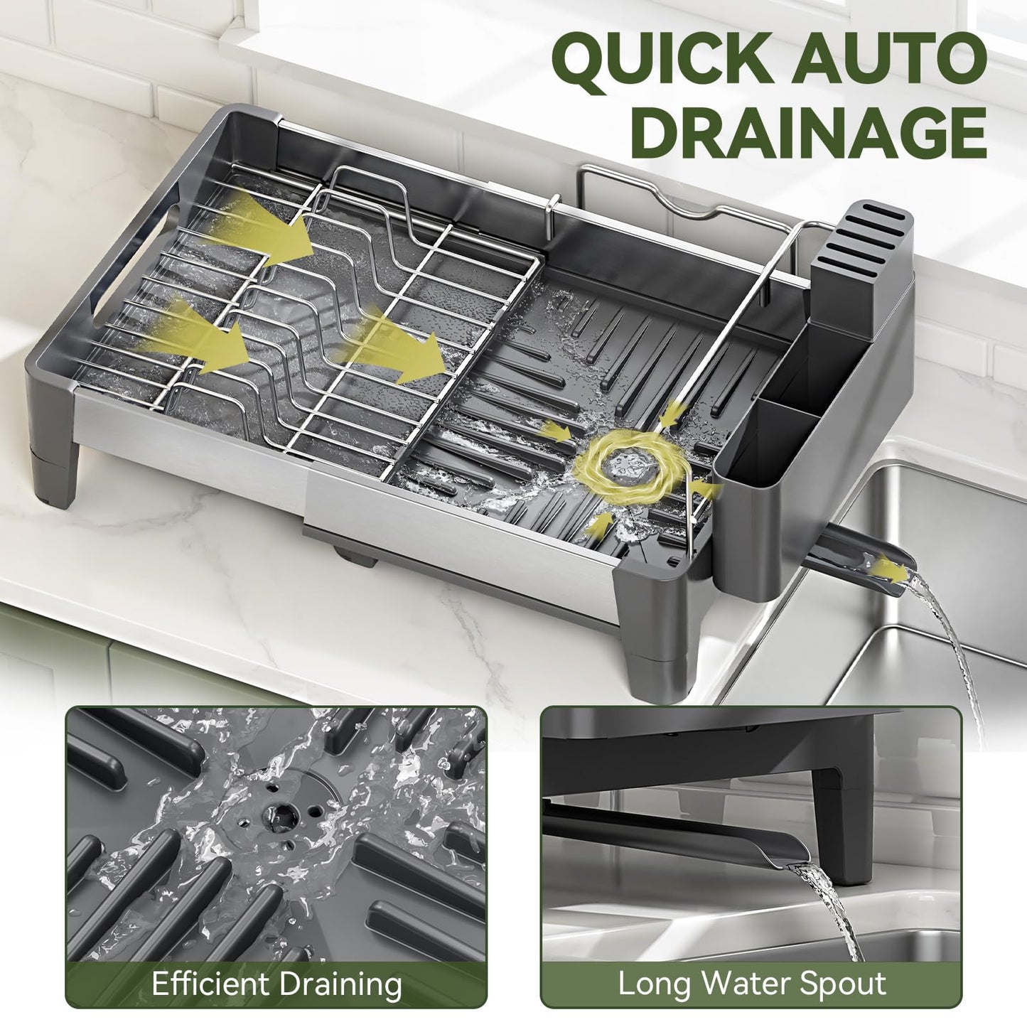 Urackify Expandable Dish Drying Rack, Stainless Steel Dish Rack with Aluminum Frame, Dish Drainer for Kitchen Counter, Space Saving Kitchen Drying Rack with Movable Utensil Holder, Gray
