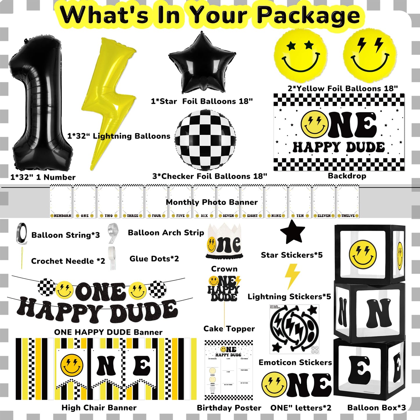 Kriyokiaa One Happy Dude 1st Birthday Decorations First Birthday Smile Face Balloons Arch High Chair Banner Backdrop Birthday Party Supplies Backdrops for Boy Girl