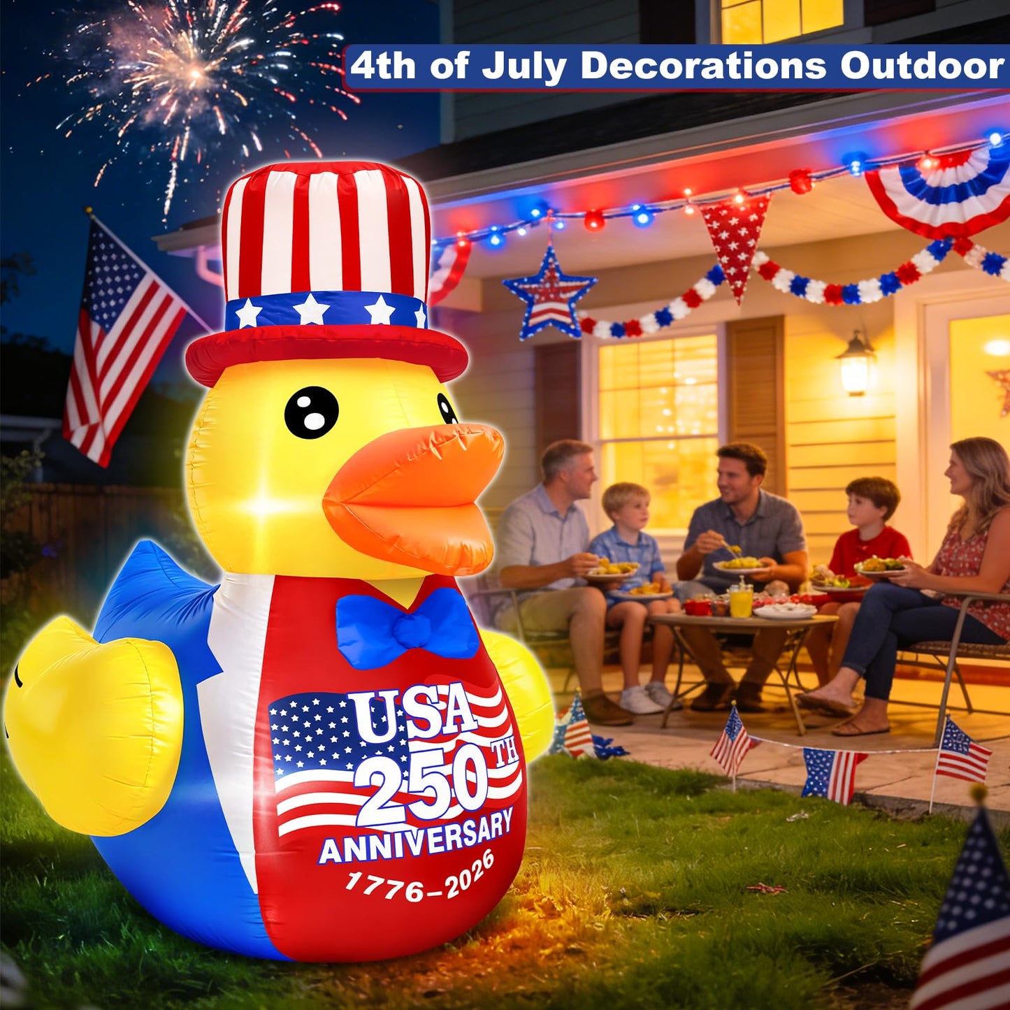 4FT 4th of July Inflatables Outdoor Decorations, Patriotic Blow Up Inflatable Duck with Amarican Flag Hat Built-in LEDs for USA 250th Anniversary Fourth of July Independence Day Yard Garden Lawn Decor