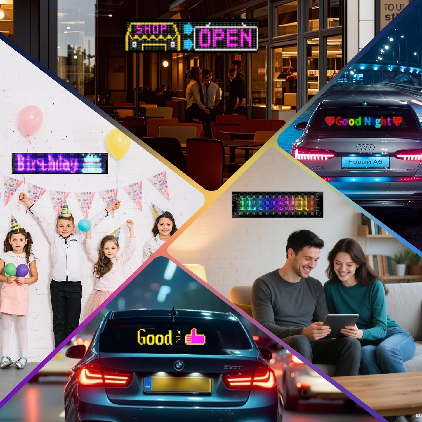 Programmable Scrolling Led Sign 15"x4" - 5V USB Operated Flexible Digital RGB Matrix Display Panel with Bluetooth App Control, Custom Text, Message Light Up Board for Car, Shop, Signage, Advertising