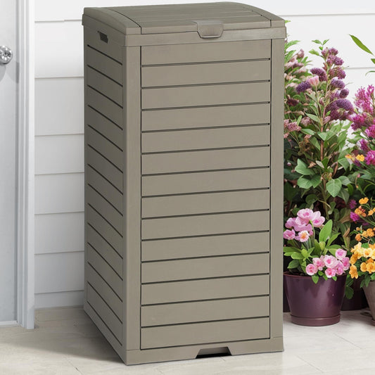 DWVO 38 Gallon Outdoor Trash Can with Lid & Drip Tray, Waterproof Hideaway Garbage Bin, Waste Container for Patio, Backyard, Deck, Garden, Easy Assembly & Clean (Taupe)