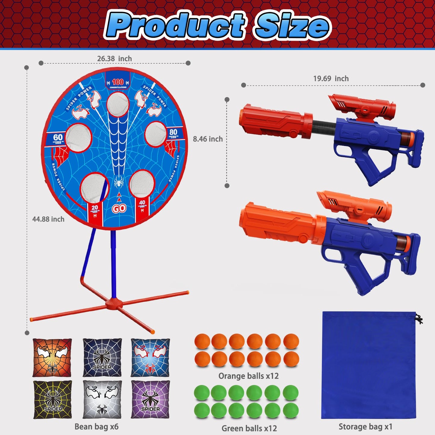 Spider Upgraded 2-in-1 Shooting Games Toys: Rotating Target, 2 Air Blasters & 24 Foam Balls, Bean Bag Toss Game for Kids, Indoor Outdoor Yard Party Games for Boys Girls 4 5 6 7 8 9 10+ Year Old Gift