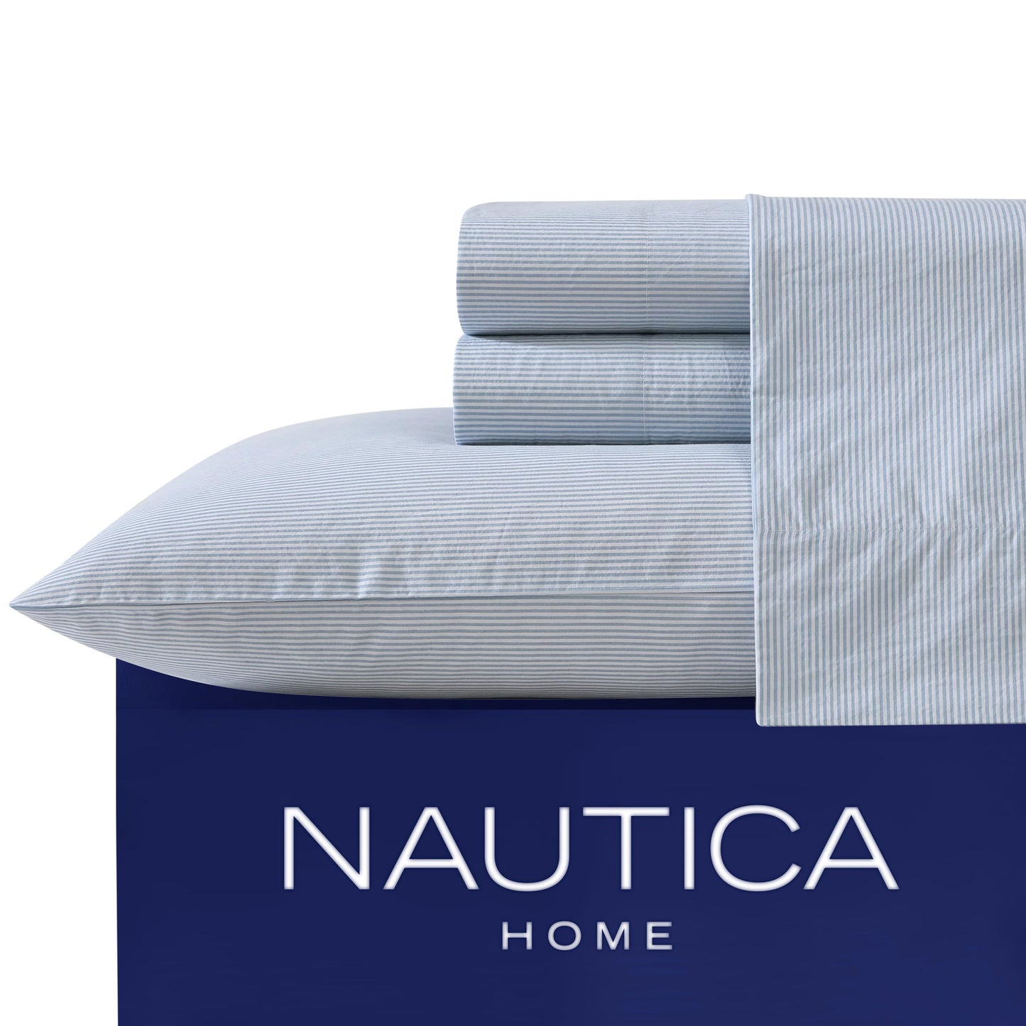 Nautica – Full Size Sheet Set, Crisp Cotton Percale Bedding with Matching Pillowcases, Lightweight & Breathable Bed Sheets, Deep Pocket, College Dorm Room Essentials (Penny Pinstripe Blue)