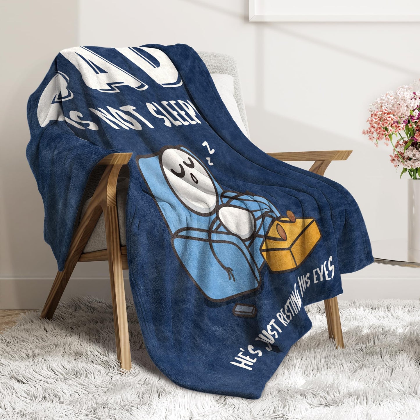 GoMelley Funny Fathers Day Birthday Gift for Dad Husband, Dad is Not Sleeping Blanket, Dads Gifts from Daughter Son, Super Soft Throws Blanket for Couch and Napping, 60" x 80" (Blue)