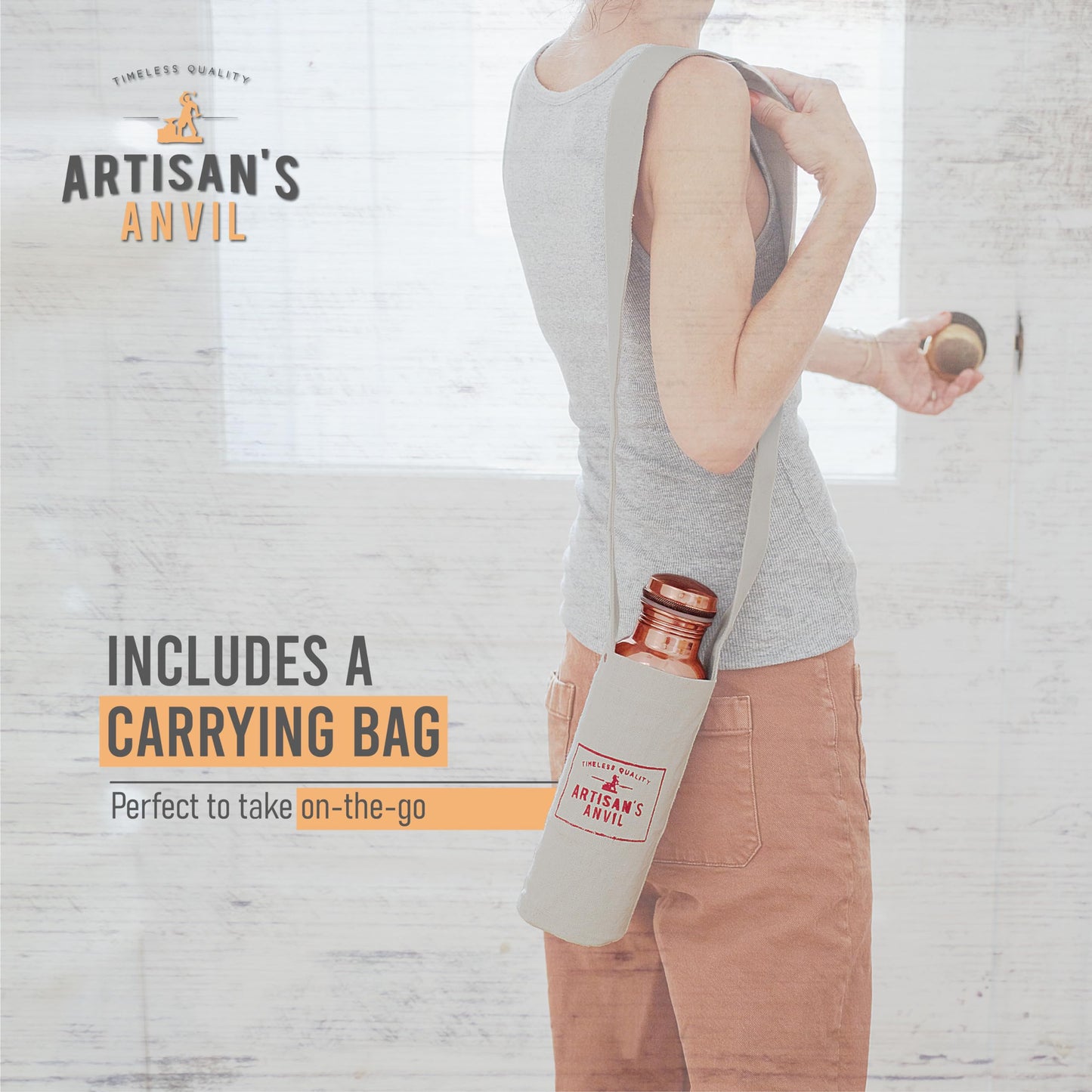 Artisan's Anvil Copper Water Bottle - 32oz - Versatile and Travel-Friendly Pure Copper Water Bottle – Ayurvedic Copper Drinking Bottle for Women and Men – Wide Mouth Design – Carrying Canvas Bag