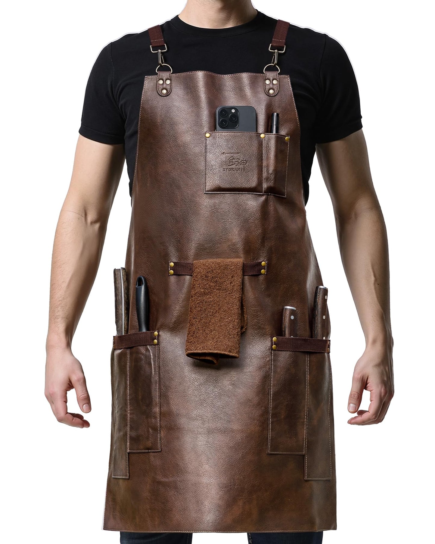 SYOKAMI Synthetic Leather Chef Cooking Apron for Men, Cross Back Apron for All-Day Comfort, Waterproof Apron with Multiple Pockets, Great for Kitchen, Garden, BBQ, Butcher Work or Crafts, Ideal Gift